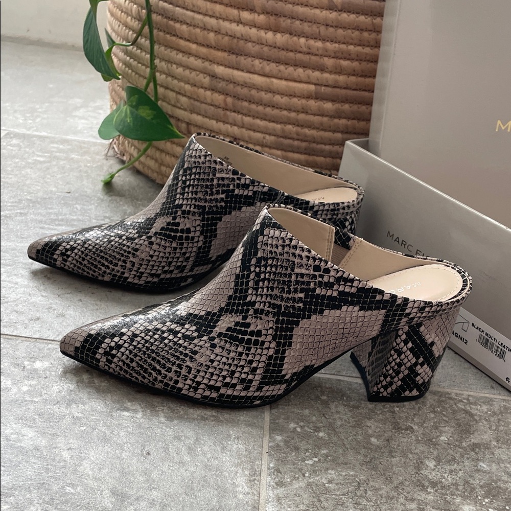 Marc Fisher Black and Tan Snake Print Mules